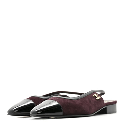 Chanel Suede Patent Crystal CC Cap Toe Slingback Flats 39.5 Burgundy Black 4 of 13