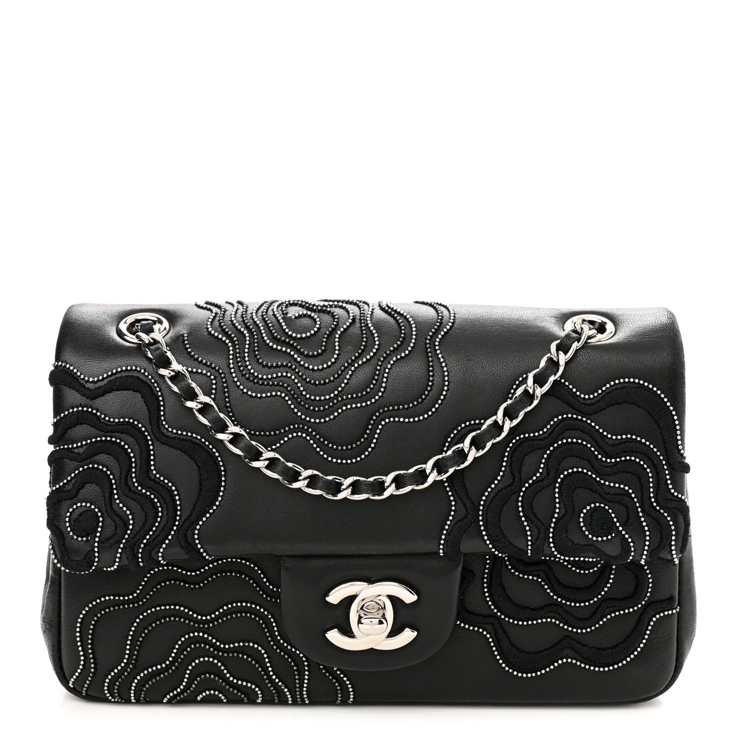 Lambskin Embroidered Camellia Follies Flap Black
