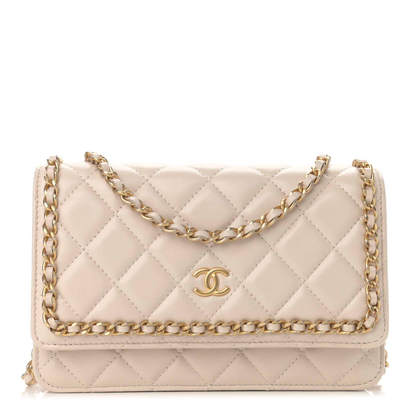 Lambskin Quilted Chain Around Wallet On Chain WOC Beige