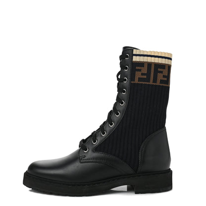 Fendi Calfskin Stretch Fabric Rockoko Biker Boots 39 Tobacco Black Marino 1 of 6