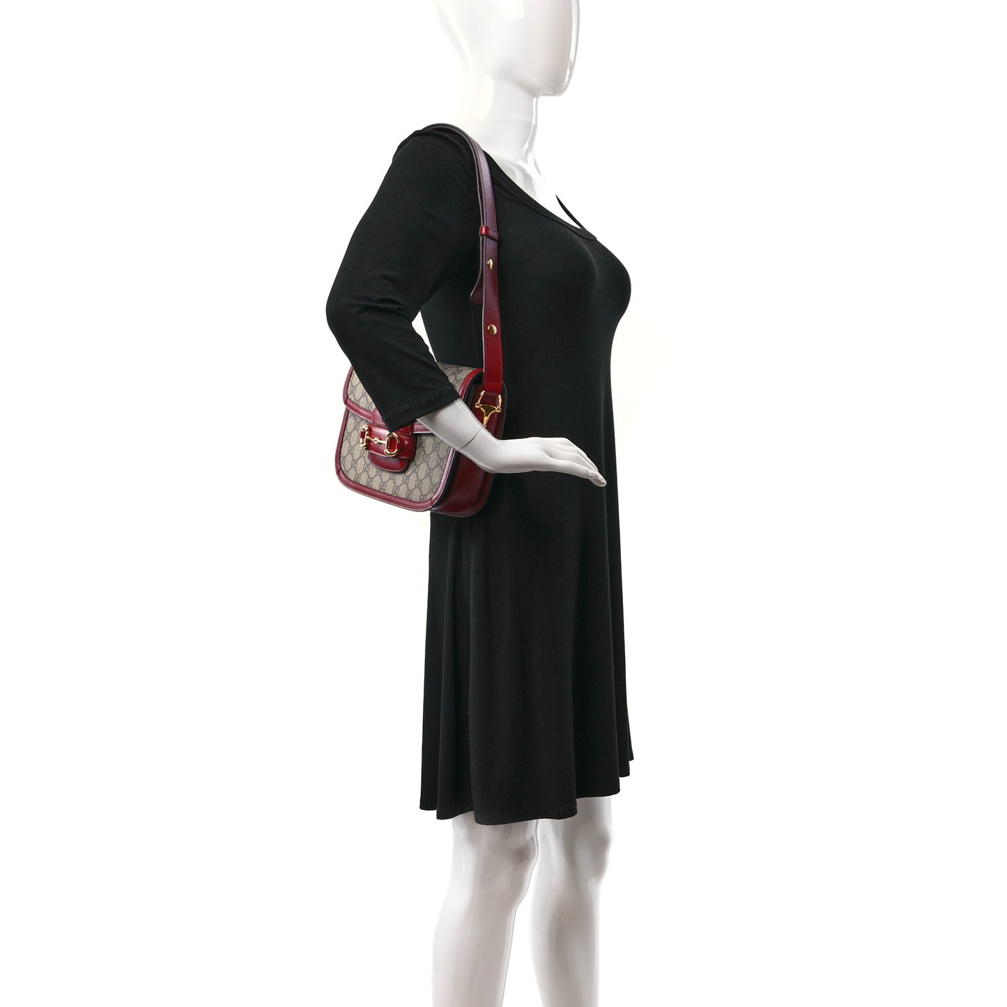 GG Supreme Monogram Azalea Calfskin Horsebit 1955 Shoulder Bag Beige Ebony New Cherry Red