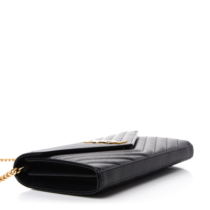 Saint Laurent Grain De Poudre Matelasse Chevron Monogram Chain Wallet Black 4 of 10