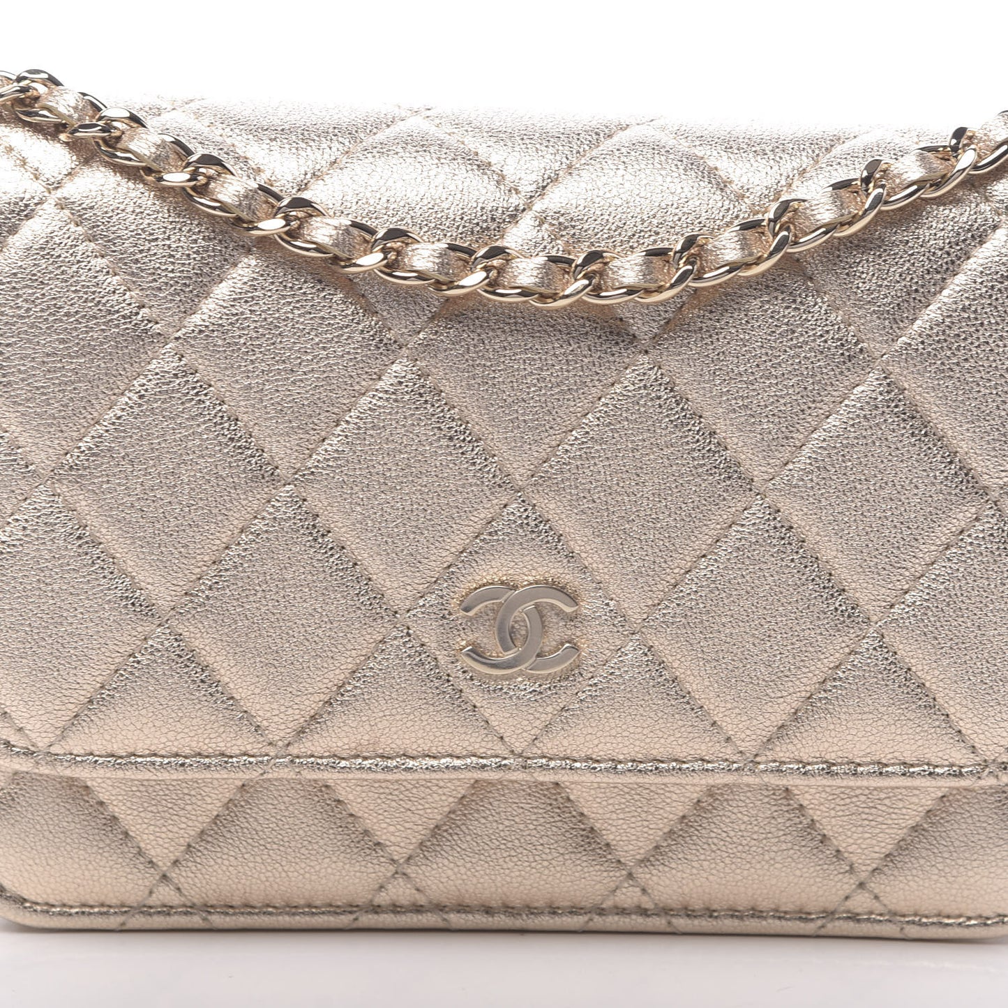 Metallic Lambskin Quilted Mini Wallet On Chain WOC Gold