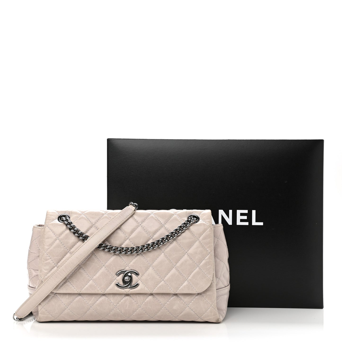 Glazed Calfskin Quilted Medium Lady Pearly Flap Light Beige
