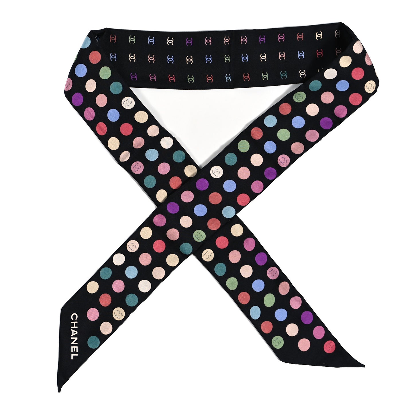 Silk Polka Dot CC Slim Bandeau Scarf Black Multicolor