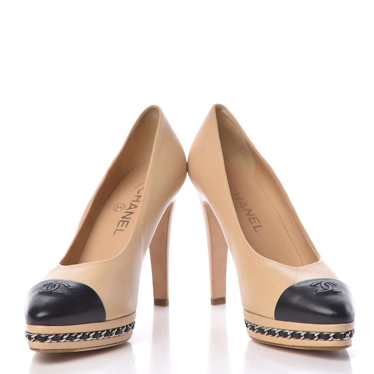 Calfskin CC Cap Toe Platform Chain Pumps 38.5 Beige Black