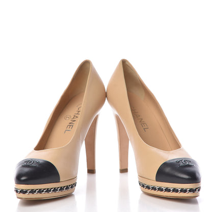 Chanel Calfskin CC Cap Toe Platform Chain Pumps 38.5 Beige Black 16 of 17