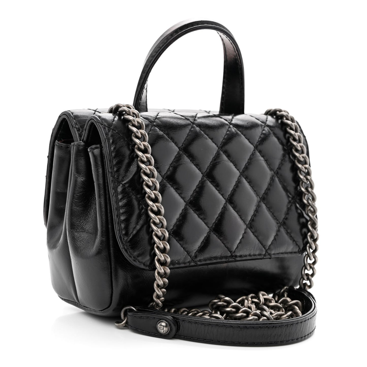Aged Calfskin Quilted Double Sided Flap Black