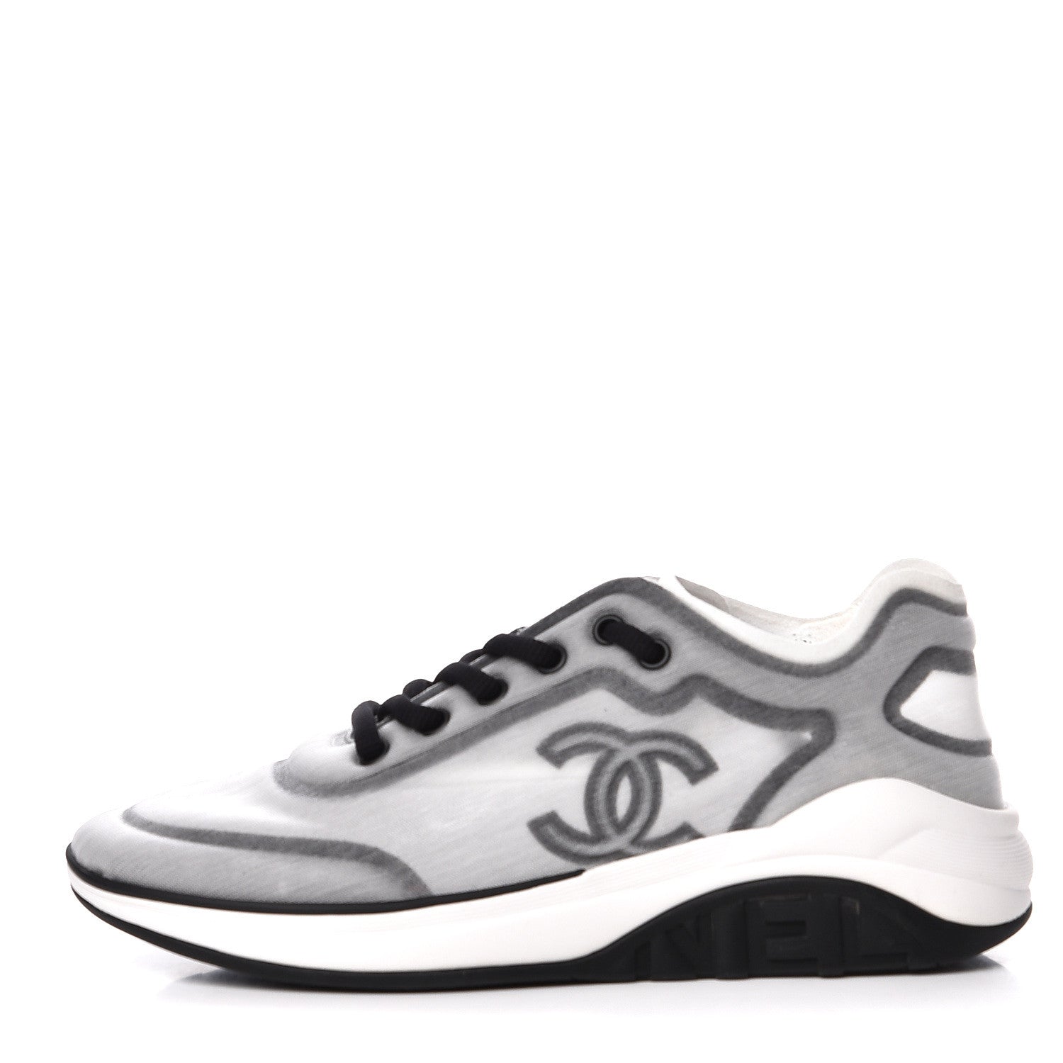 Chanel Calfskin Mesh Lycra Womens Logo Sneakers 38.5 White Black 1 of 10