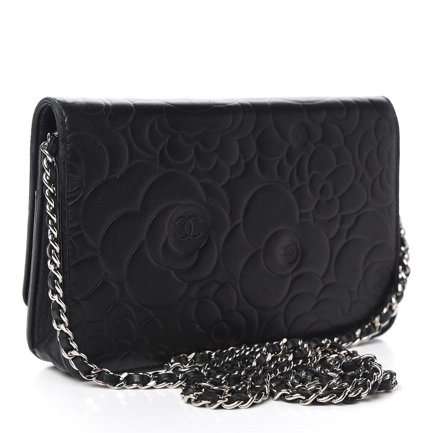 Lambskin Camellia Embossed Wallet on Chain WOC Black