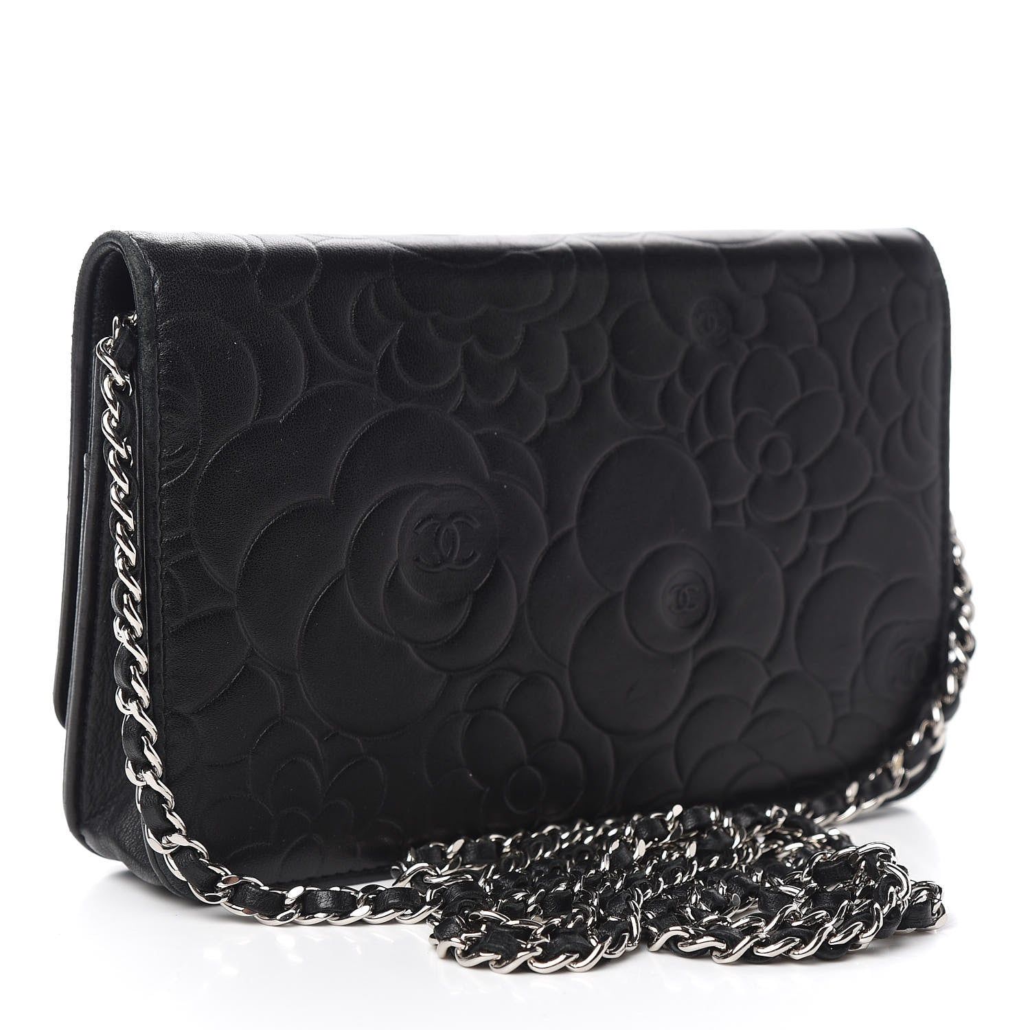 Chanel Lambskin Camellia Embossed Wallet on Chain WOC Black 2 of 11