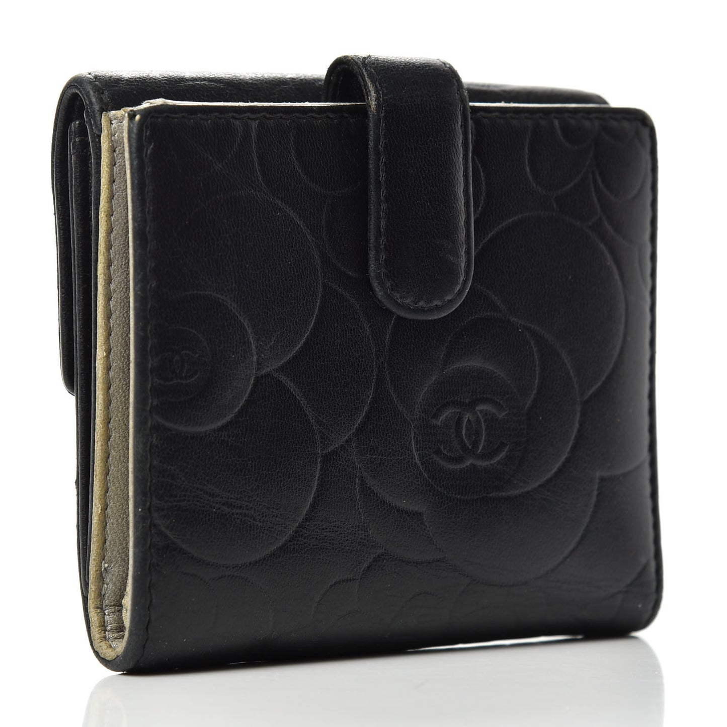 Lambskin Camellia Embossed French Wallet Black