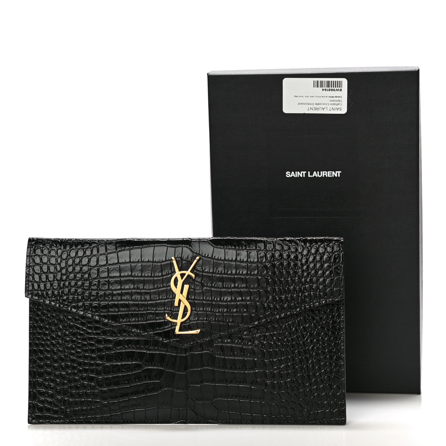Saint Laurent Calfskin Crocodile Embossed Uptown Monogram Clutch Black 10 of 10