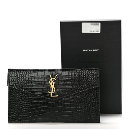 Saint Laurent Calfskin Crocodile Embossed Uptown Monogram Clutch Black 10 of 10