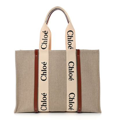 Chloe Cotton Calfskin Large Woody Ribbon Tote White Brown 1 of 10