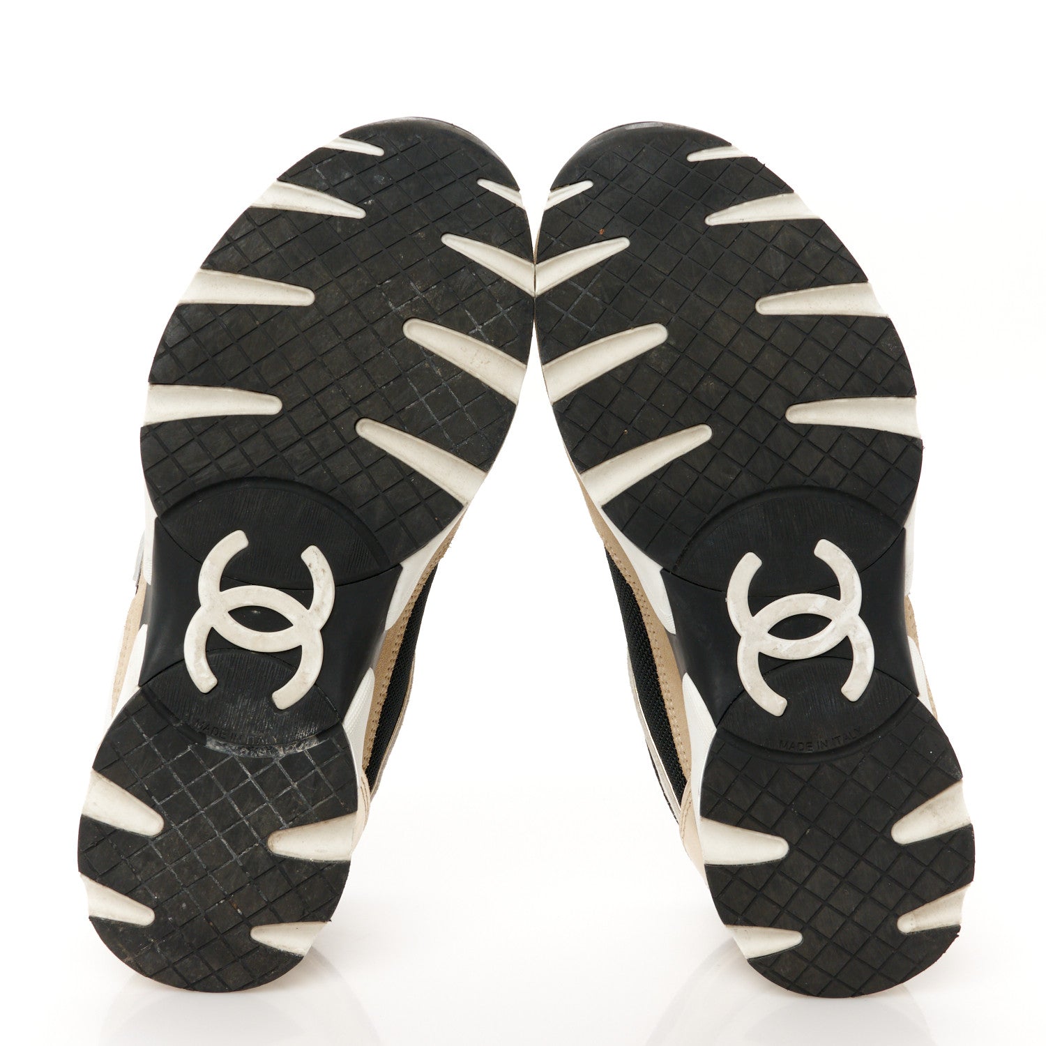 Chanel Mesh Suede Calfskin Grained Calfskin Womens CC Sneakers 37 White Black Beige Gold 6 of 9