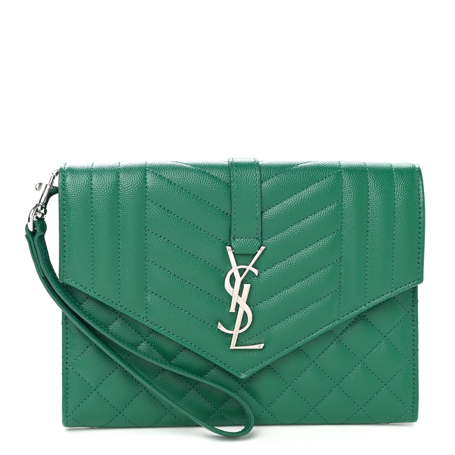 Saint Laurent Grain De Poudre Textured Mixed Matelasse Triquilt Monogram Clutch Green Field 1 of 10