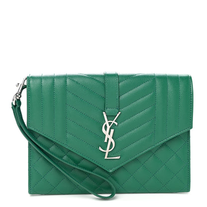 Saint Laurent Grain De Poudre Textured Mixed Matelasse Triquilt Monogram Clutch Green Field 1 of 10
