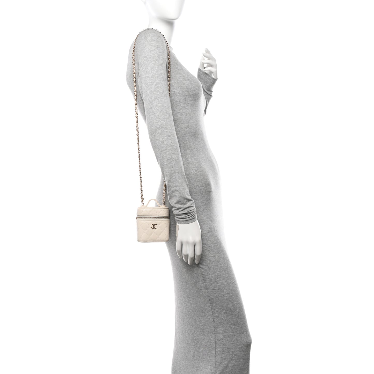 Caviar Quilted Small Handle With Care Vanity Case With Chain White