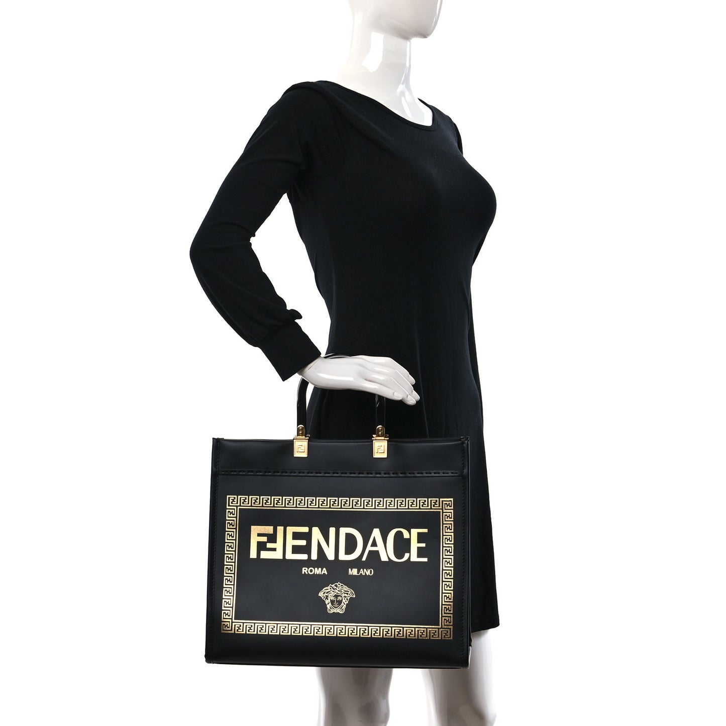 X VERSACE Calfskin Plexiglass Fendace Medium Fendi Sunshine Shopper Tote Black