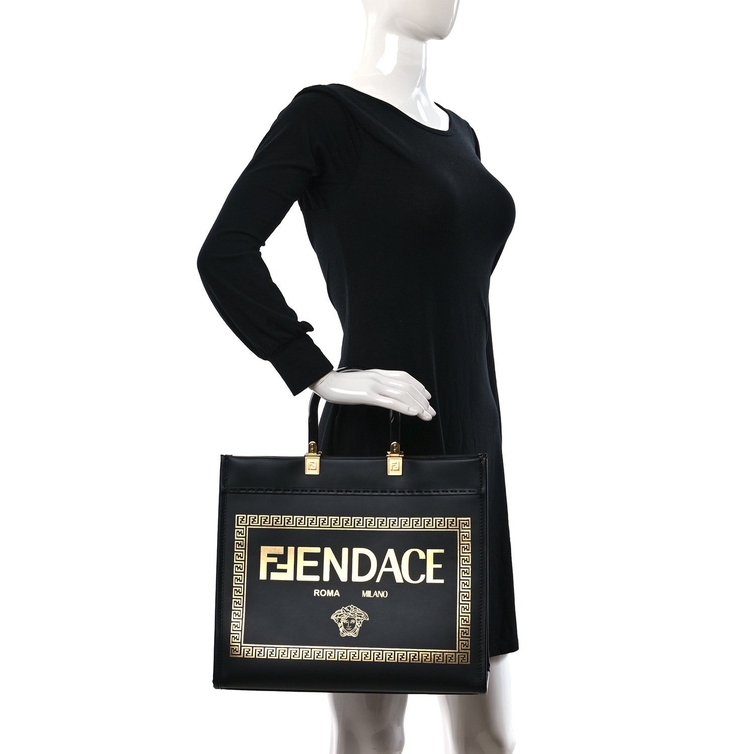 Fendi X VERSACE Calfskin Plexiglass Fendace Medium Fendi Sunshine Shopper Tote Black 2 of 8