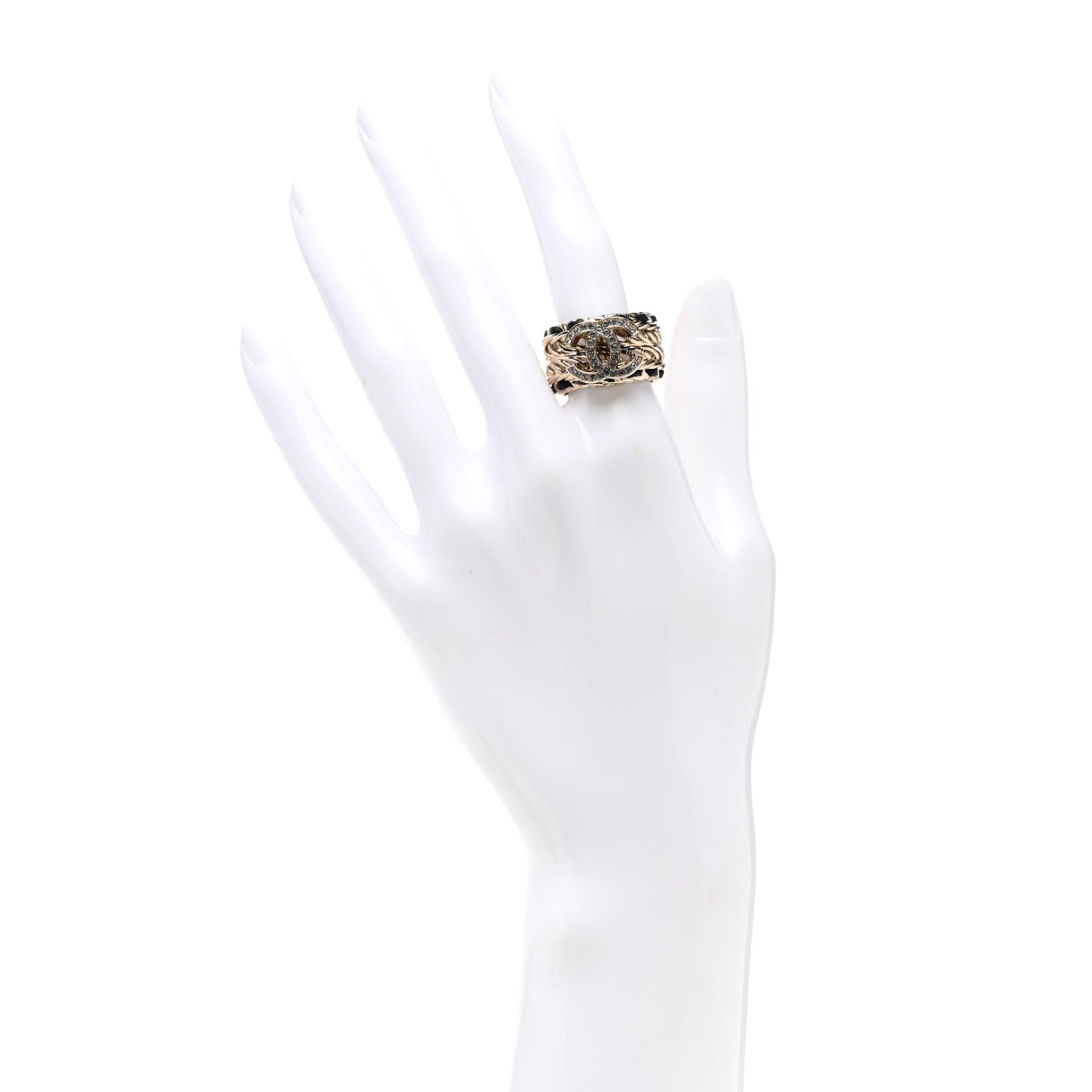 Chanel Metal Crystal Lambskin CC Ring 54 Gold Black 2 of 5