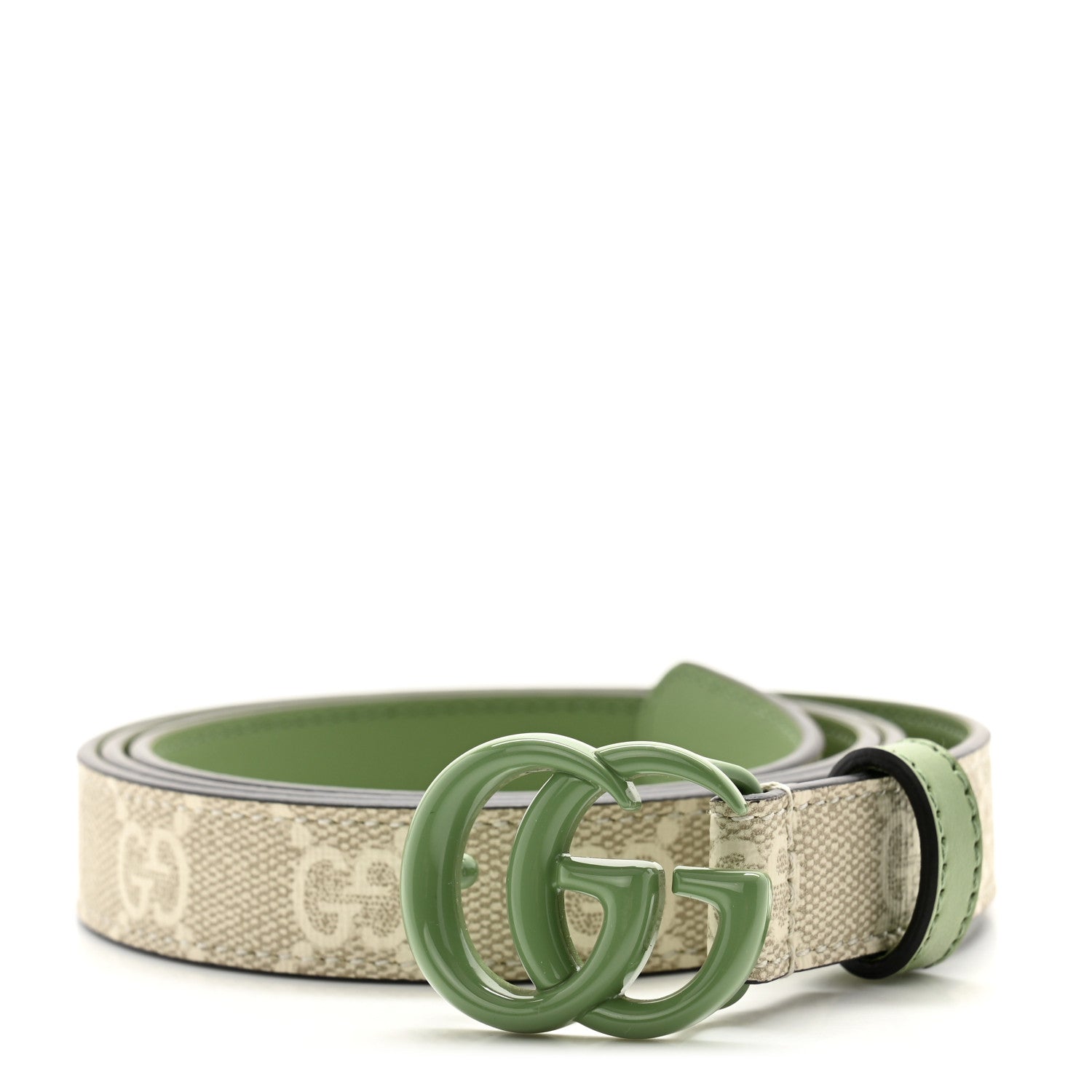 Gucci GG Supreme Monogram Plutone Calfskin Enamel Double G 40mm Belt 95 38 Beige Ebony Mystic White Salamander Green 1 of 5