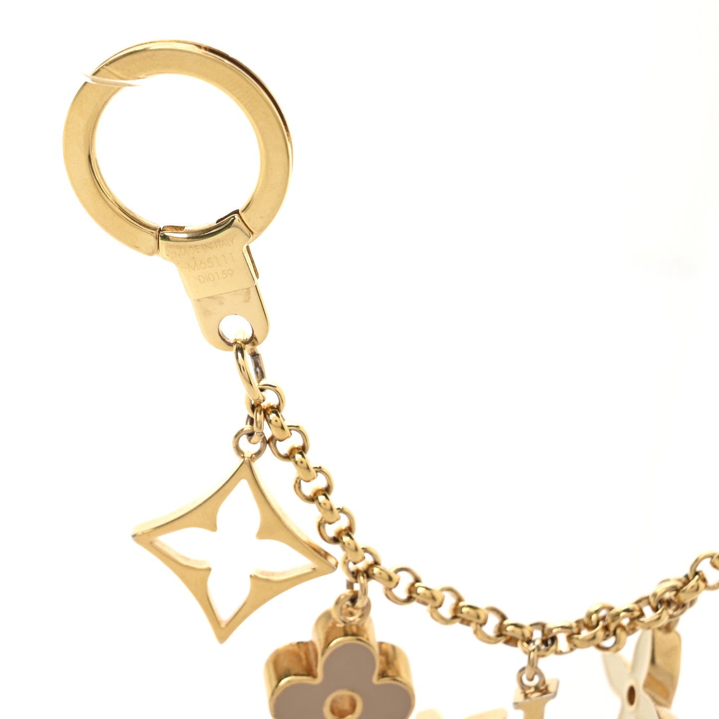 Brass Enamel Fleur De Monogram Bag Charm Chain Gold