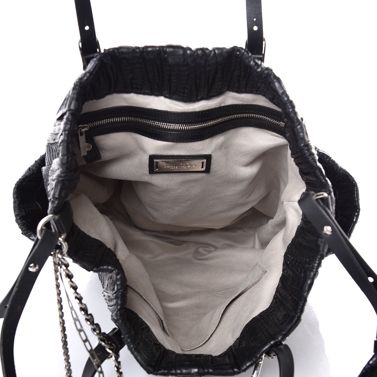 Waxed Snakeskin Chain Embellished Blare Tote Black