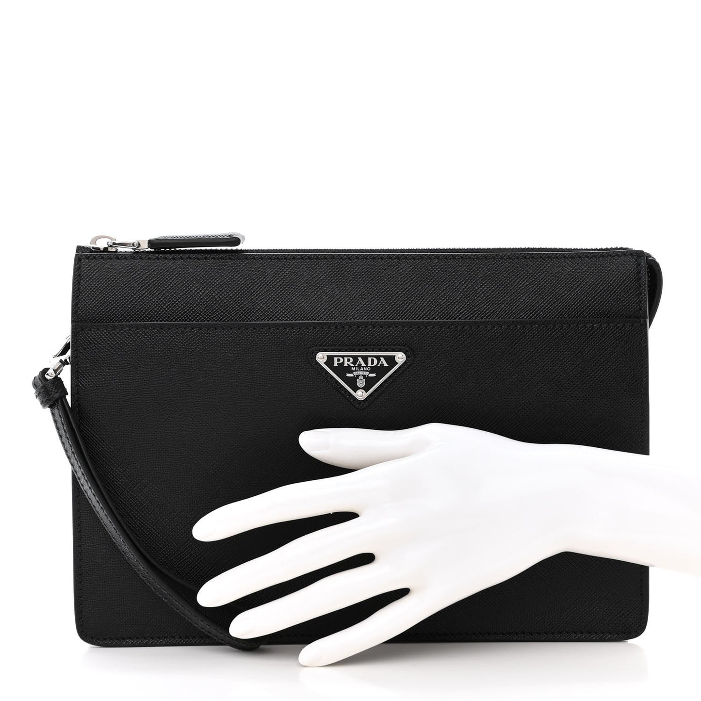 Saffiano Travel Metal Triangle Logo Wristlet Pouch Black