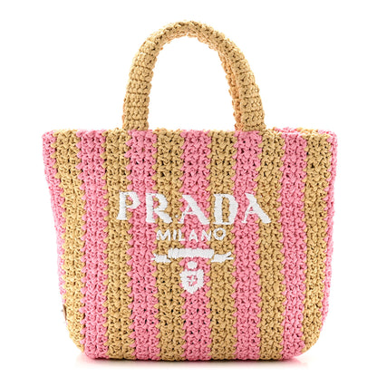 Prada Yarn Raffia Effect Crochet Striped Small Logo Tote Naturale Petalo 1 of 10