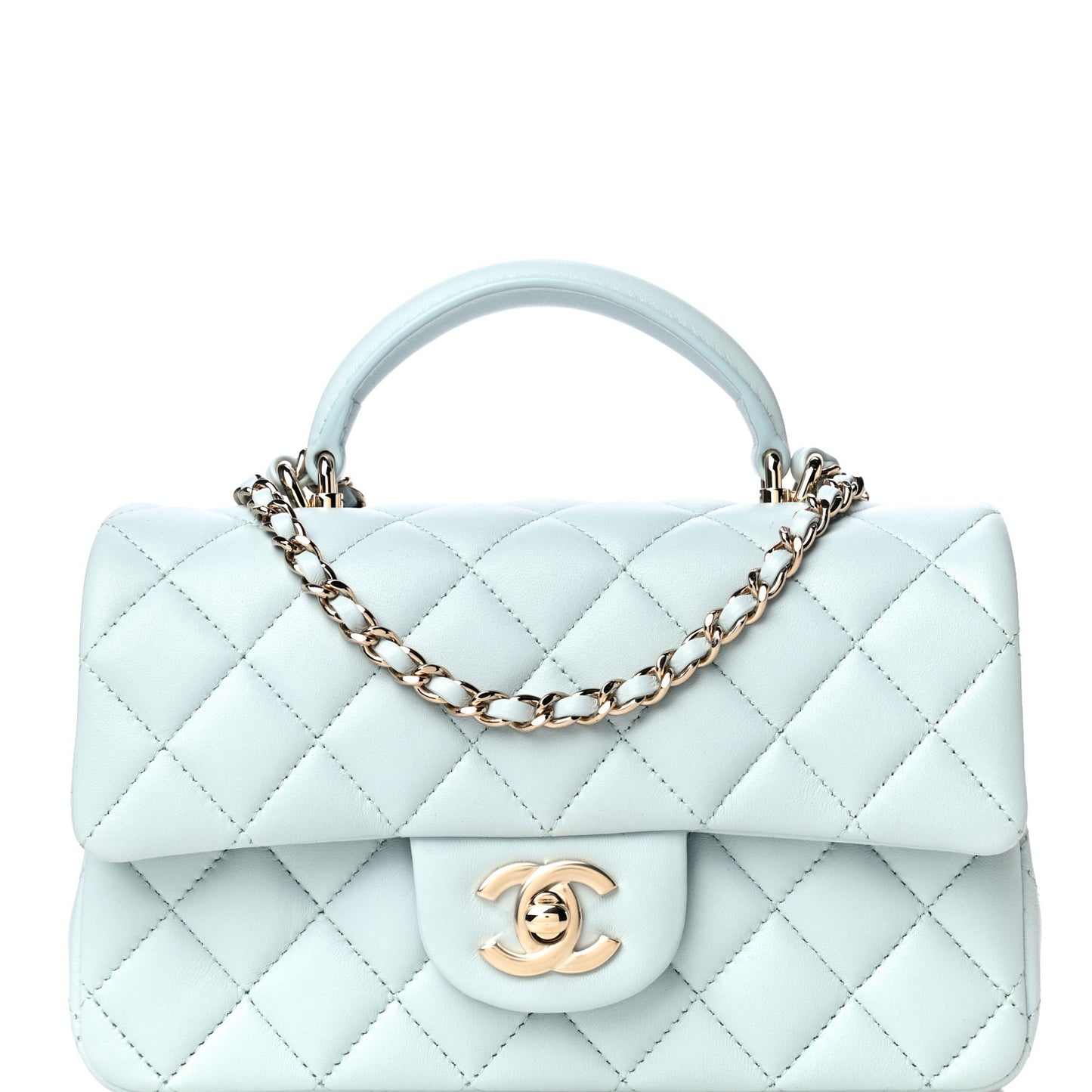 Lambskin Quilted Mini Top Handle Rectangular Flap Light Blue