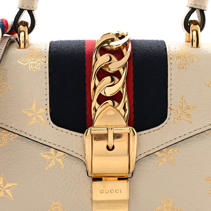 Gucci Textured Calfskin Bee Star Print Mini Sylvie Top Handle Bag Mystic White 9 of 16