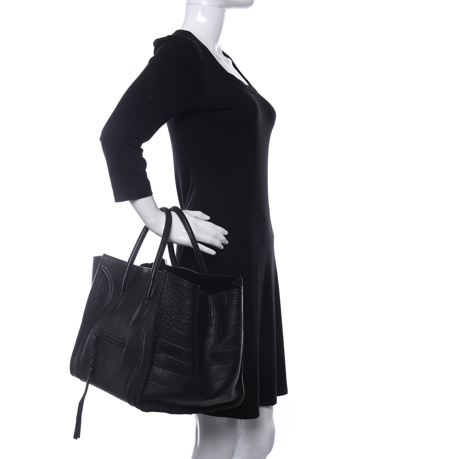 Celine Crocodile Embossed Calfskin Medium Phantom Luggage Black 2 of 11