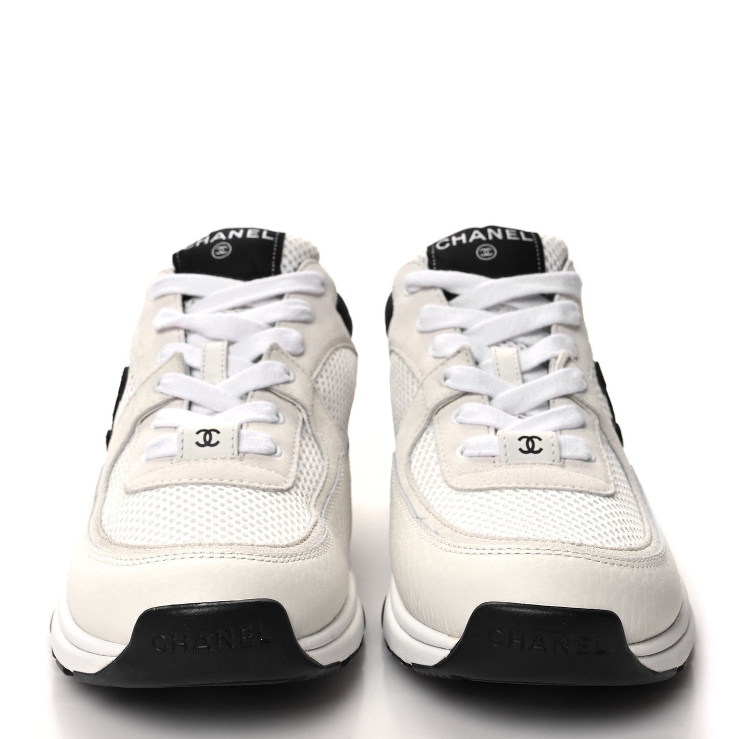 Mesh Suede Calfskin Grained Calfskin Womens CC Sneakers 38.5 White Black