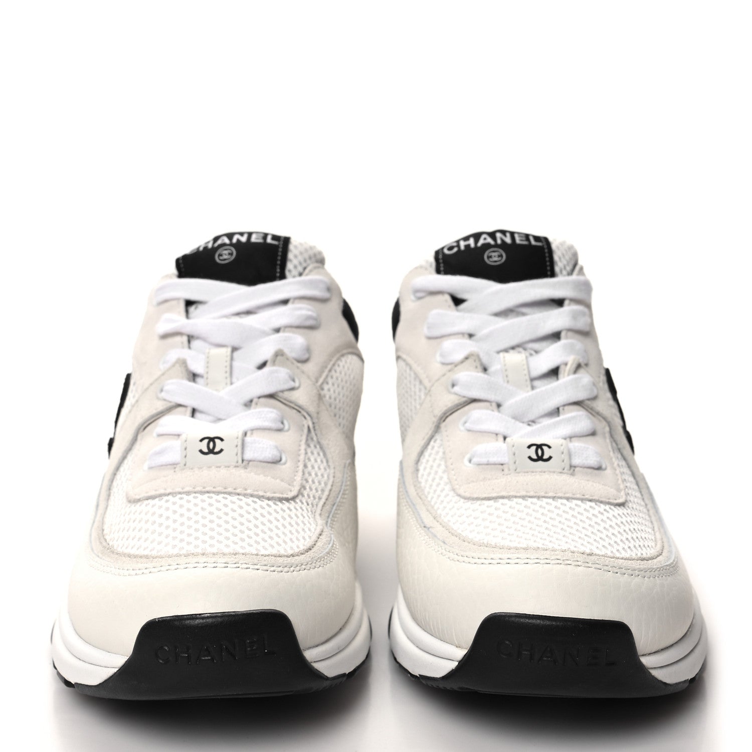 Chanel Mesh Suede Calfskin Grained Calfskin Womens CC Sneakers 38.5 White Black 2 of 7