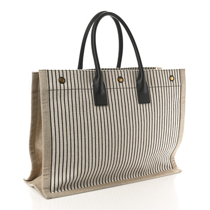 Saint Laurent Embroidered Cotton Linen Rive Gauche Noe Tote Natural Black 3 of 9