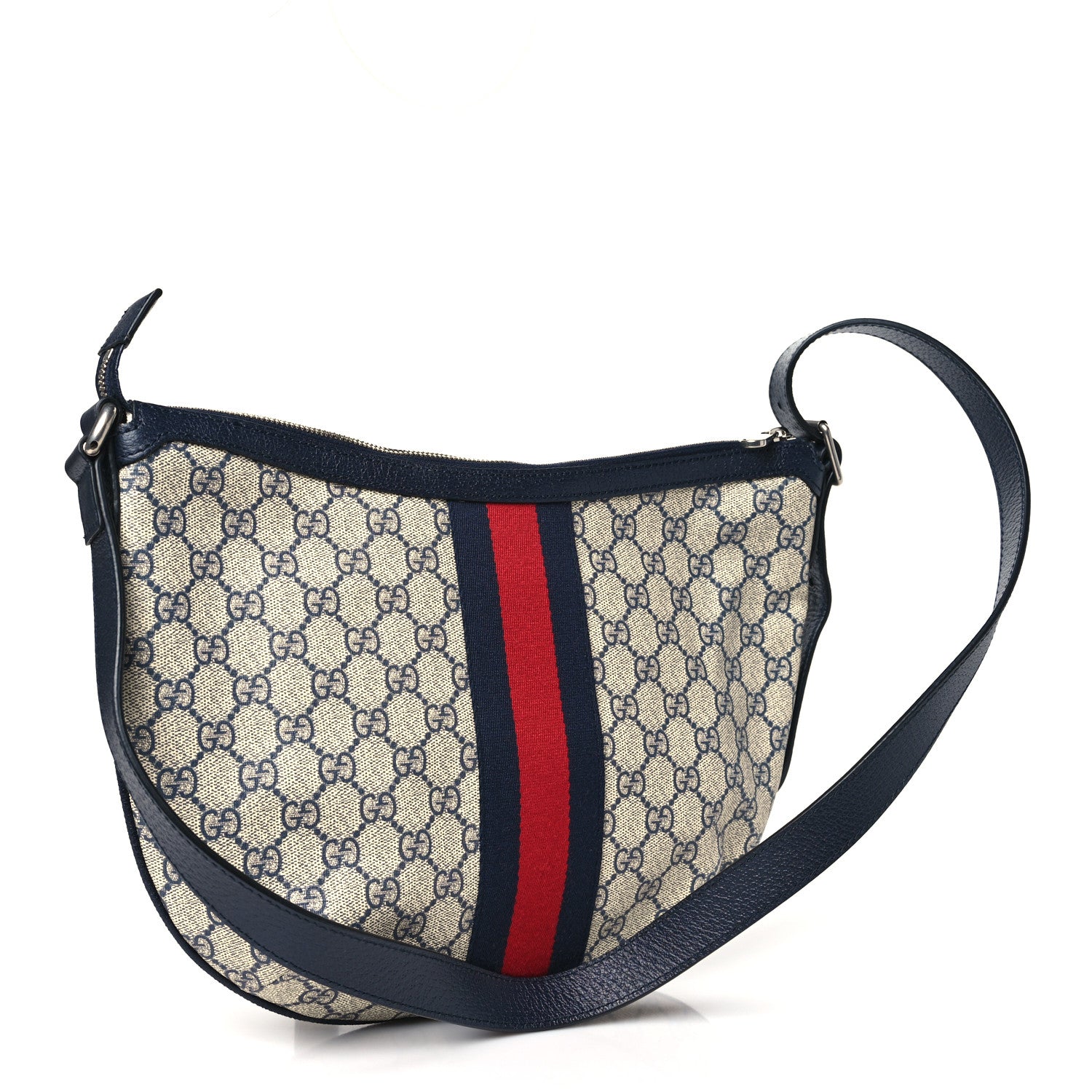 Gucci GG Supreme Monogram Textured Dollar Calfskin Web Small Ophidia Half Moon Hobo Beige Blue 3 of 10