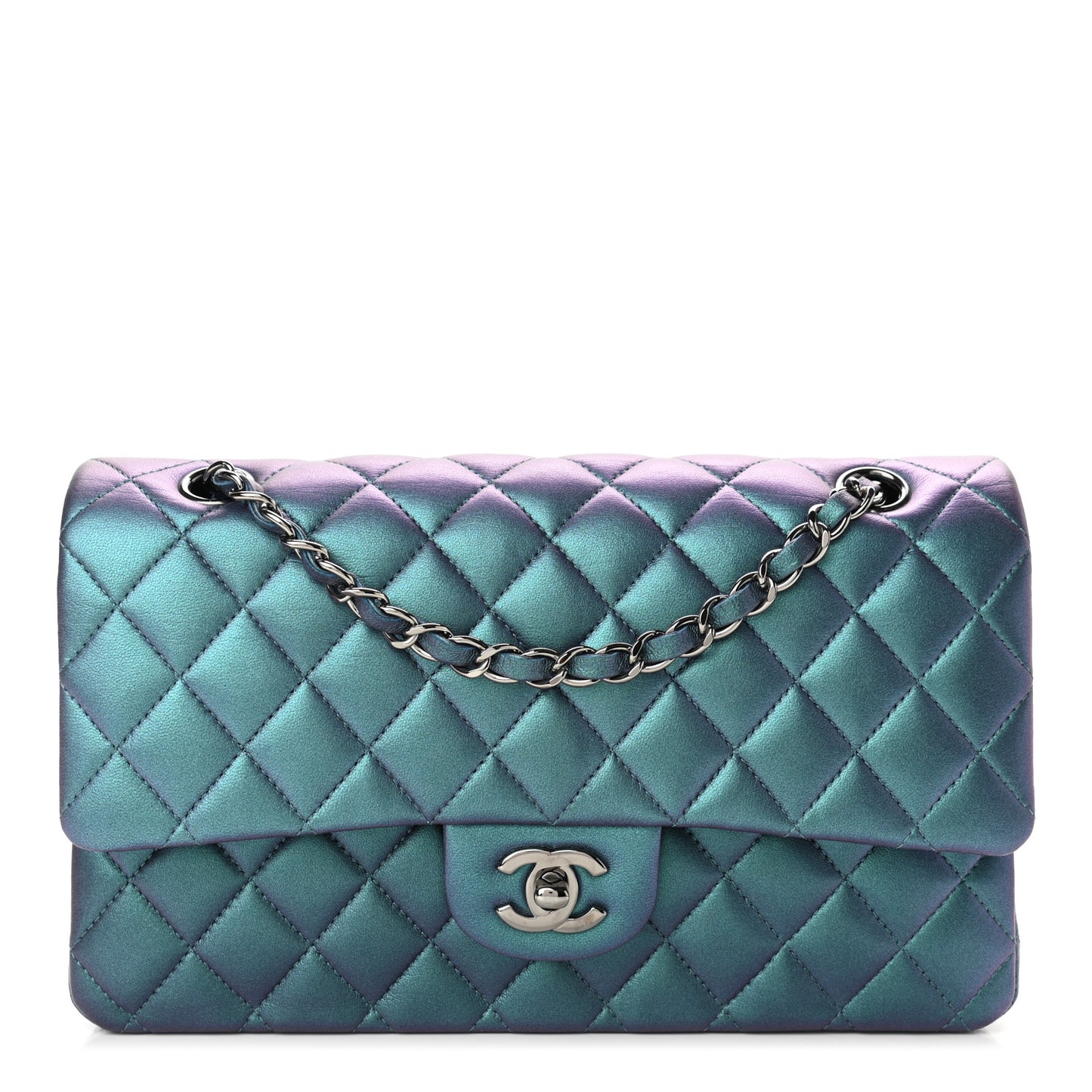 Iridescent Lambskin Quilted Medium Double Flap Turquoise