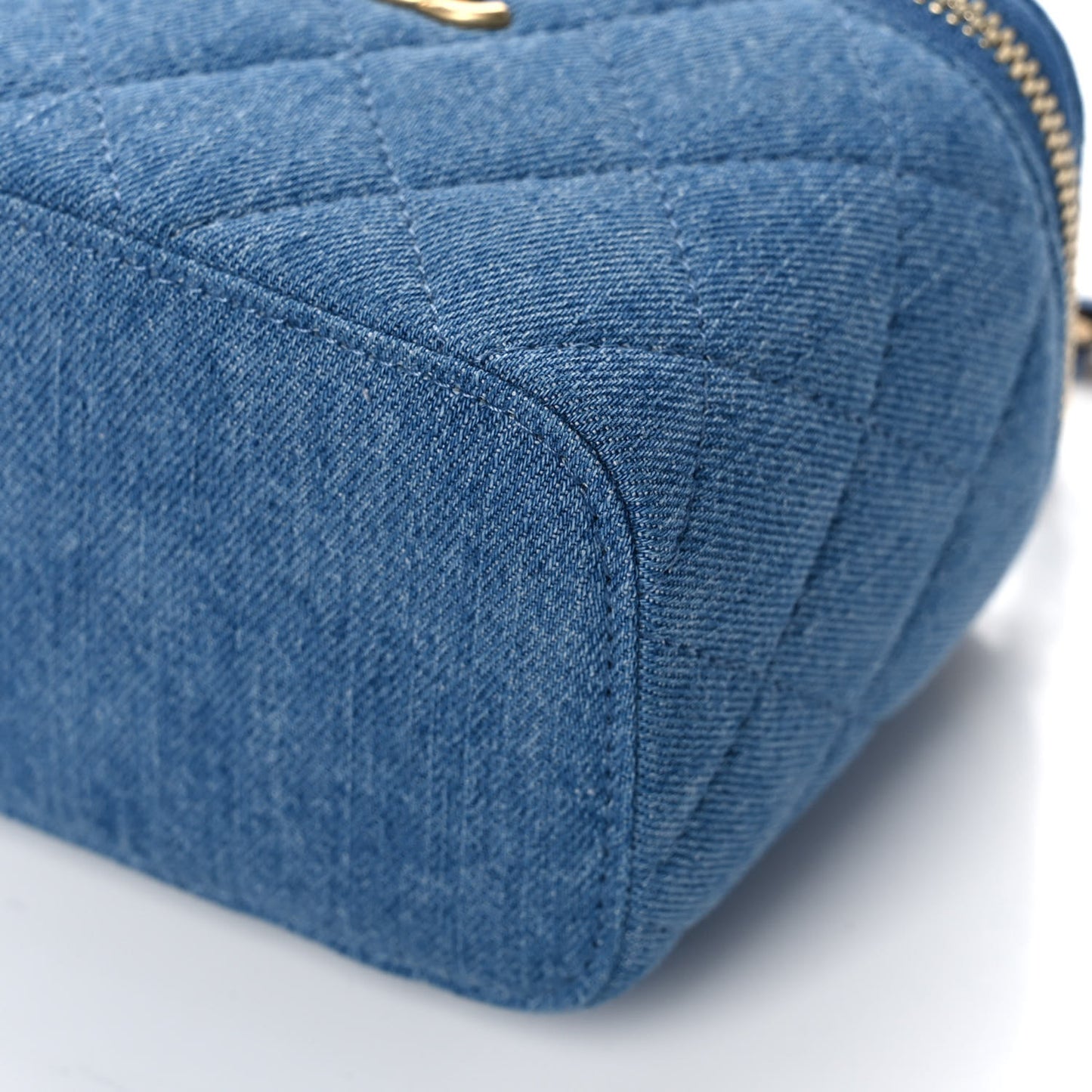 Denim Quilted Mini Pearl Crush Vanity Case With Chain