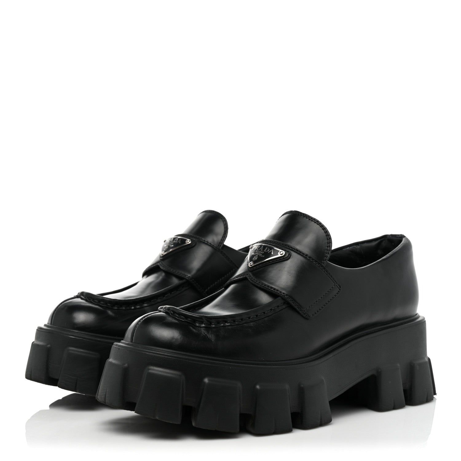 Prada Spazzolato Rois Metal Triangle Logo Monolith 55mm Loafers 37.5 Black 3 of 23