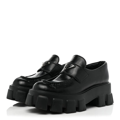 Prada Spazzolato Rois Metal Triangle Logo Monolith 55mm Loafers 37.5 Black 3 of 23