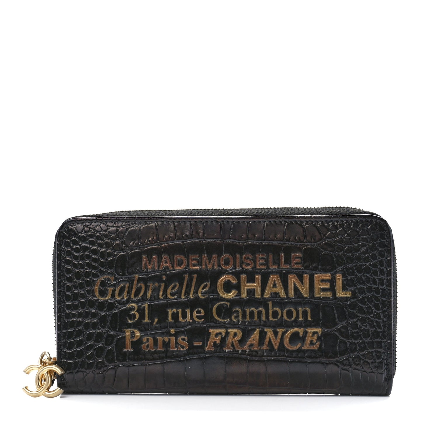 Calfskin Crocodile Embossed Mademoiselle Gabrielle Zip Wallet Black Gold