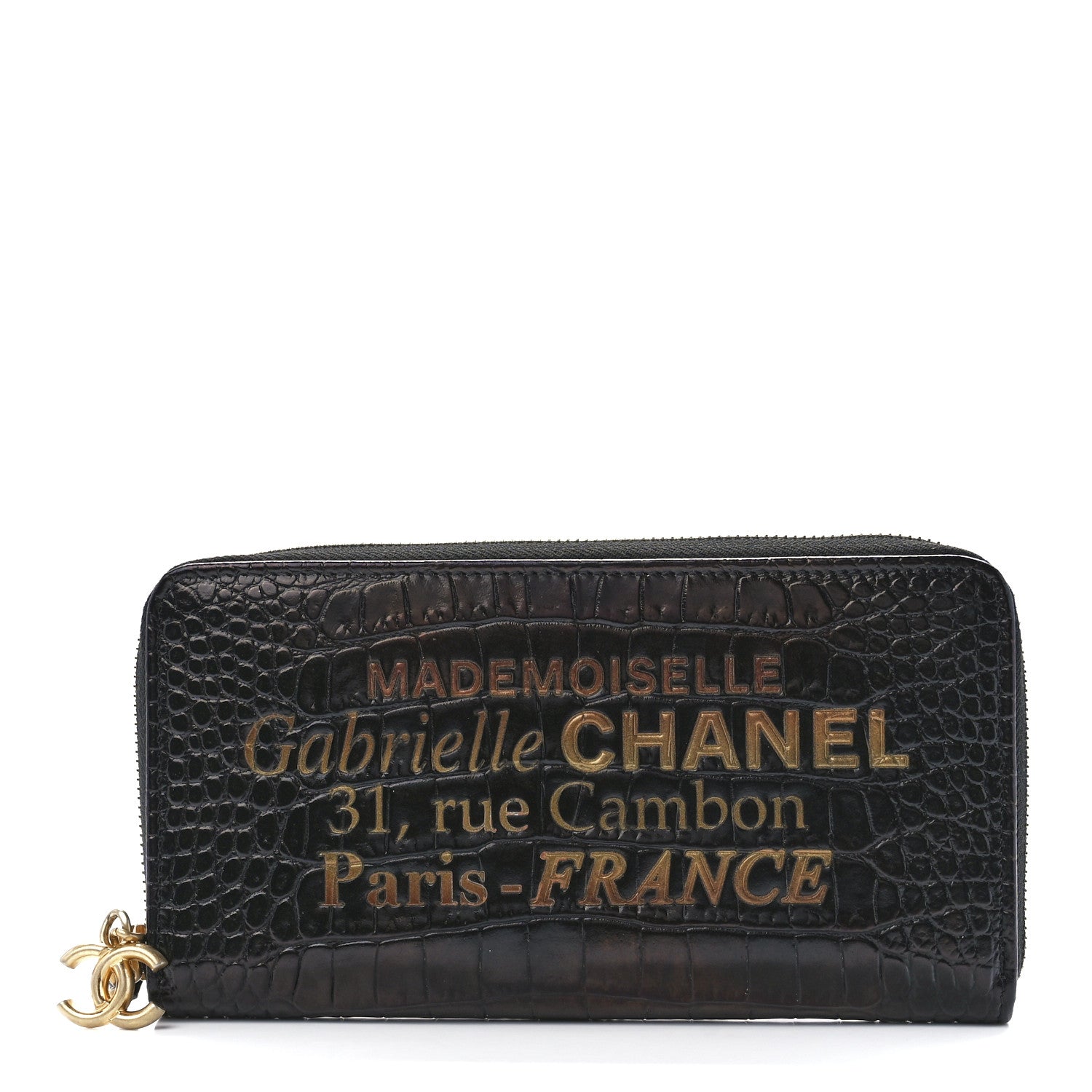 Chanel Calfskin Crocodile Embossed Mademoiselle Gabrielle Zip Wallet Black Gold 1 of 12