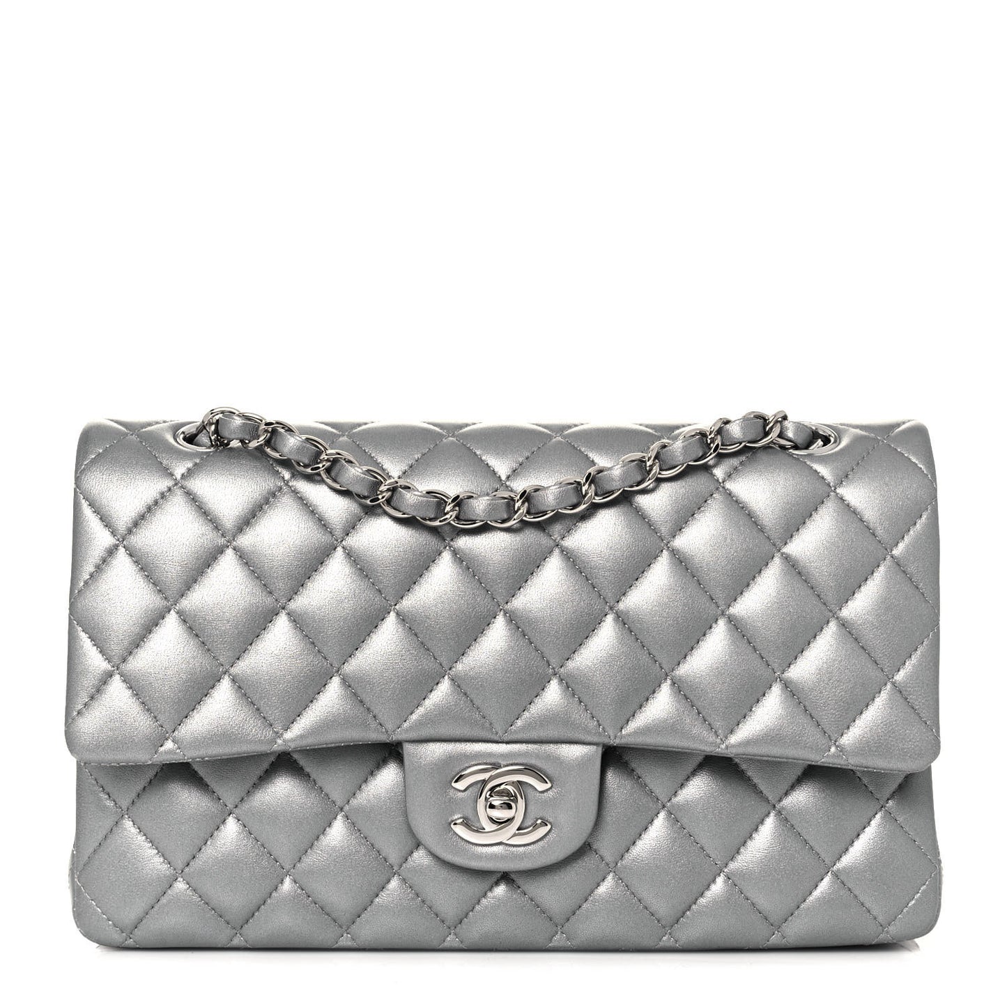 Metallic Lambskin Quilted Medium Double Flap Silver