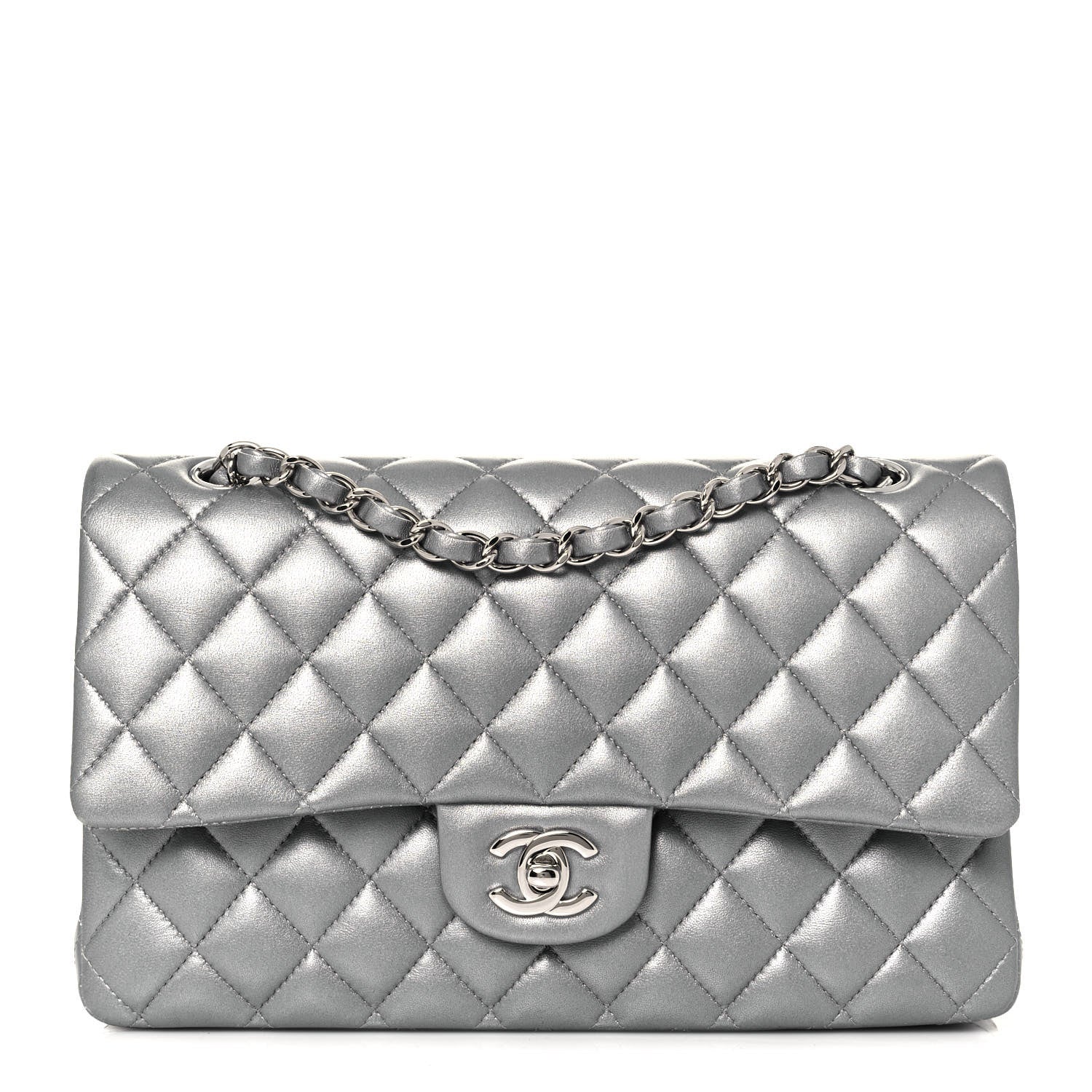 Chanel Metallic Lambskin Quilted Medium Double Flap Silver 1 of 14