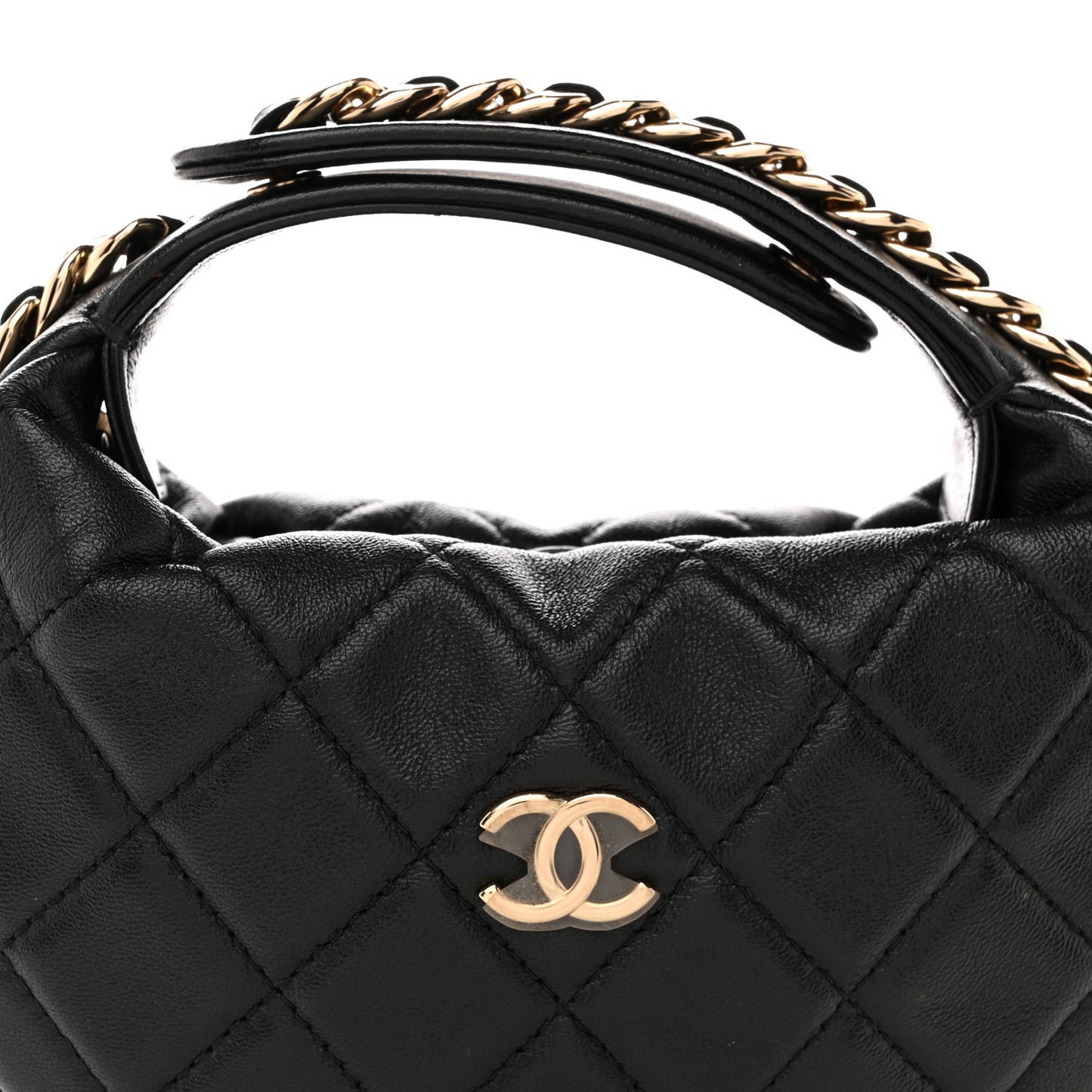 Lambskin Quilted Chain Around Pouch Hobo Black