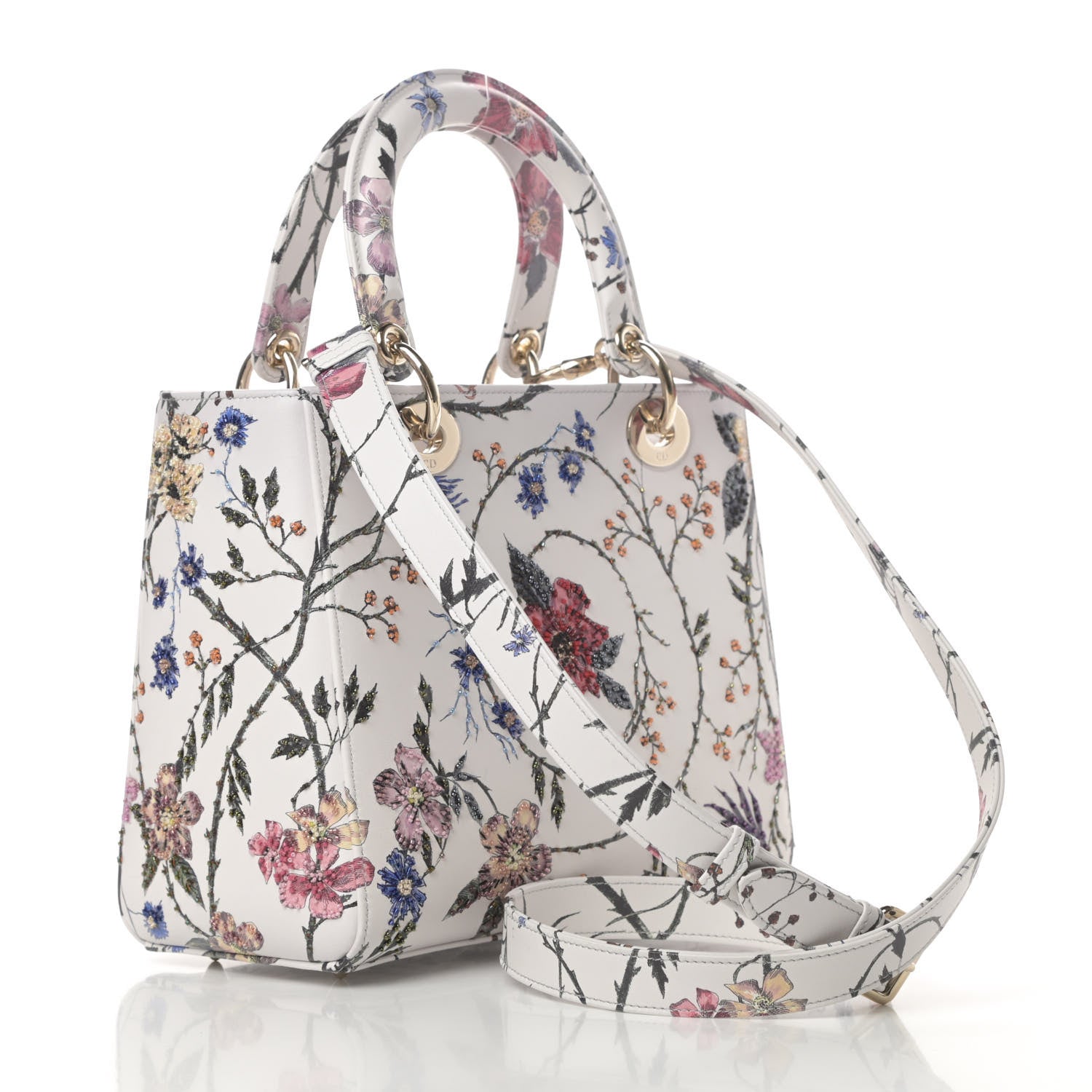 Christian Dior Calfskin Rosa Mutabilis Embroidered Medium Lady Dior White Multicolor 3 of 10