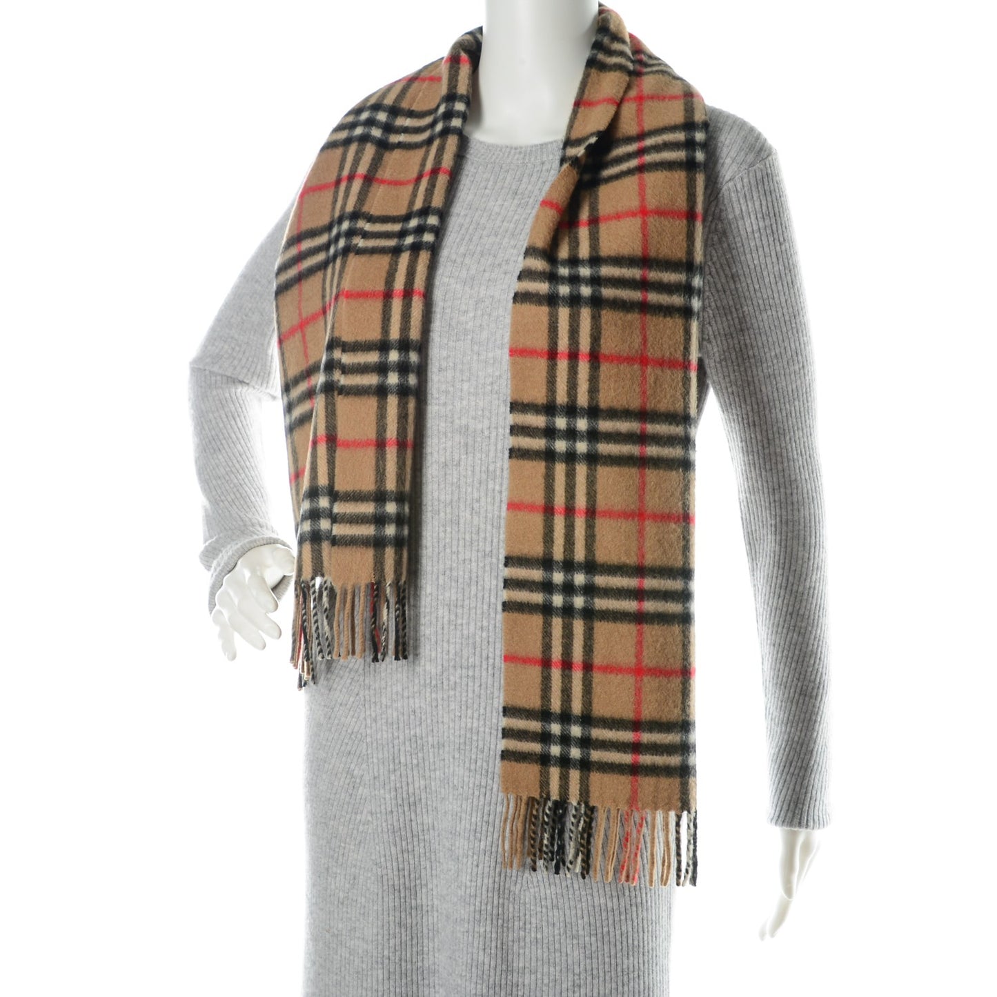 Cashmere Nova Check Fringe Scarf Camel