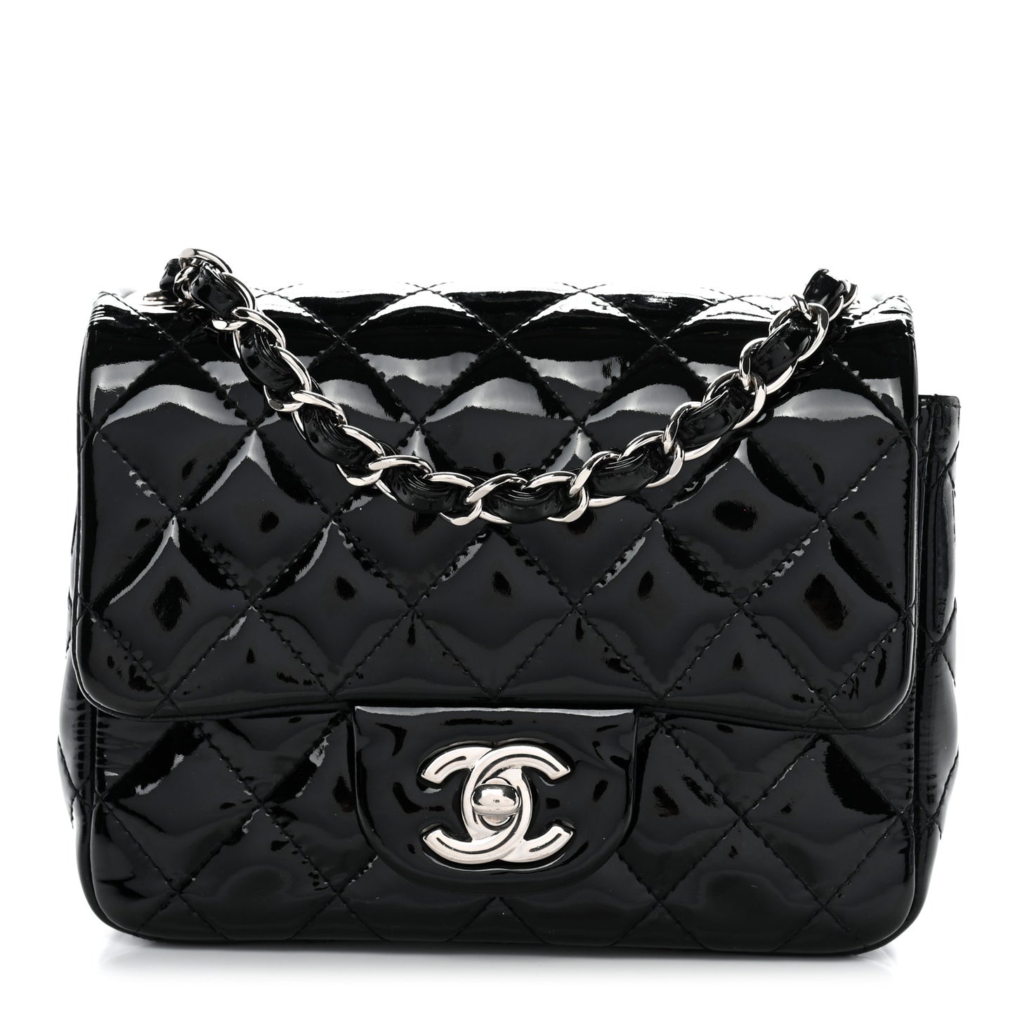 Patent Calfskin Quilted Mini Square Flap Black